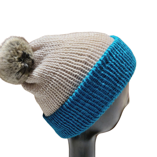 Two Tone Knitted Beanie - Cream/Teal Side View