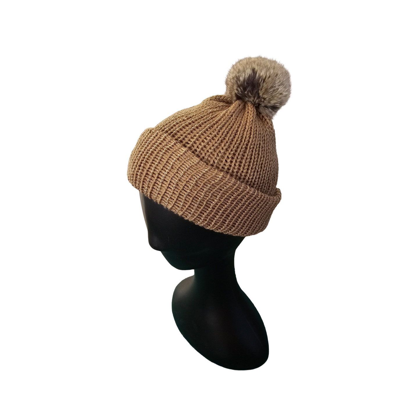Knitted Beanie with Pom Poms - Beige Side View
