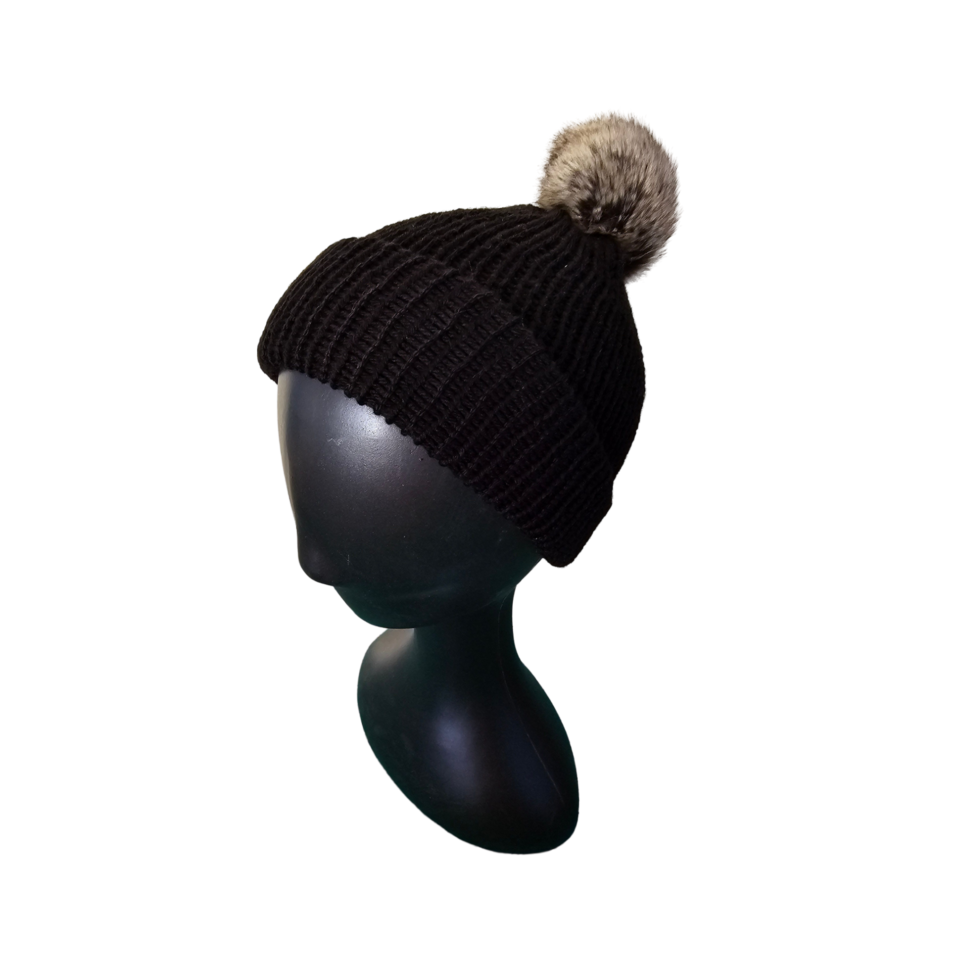 Knitted Beanie with Pom Poms - Black Side View