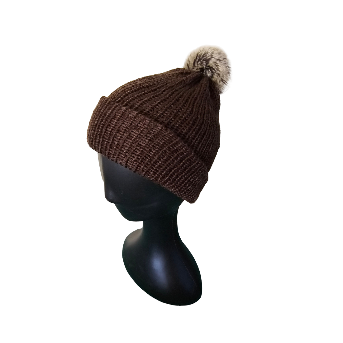 Knitted Beanie with Pom Poms - Brown Side View