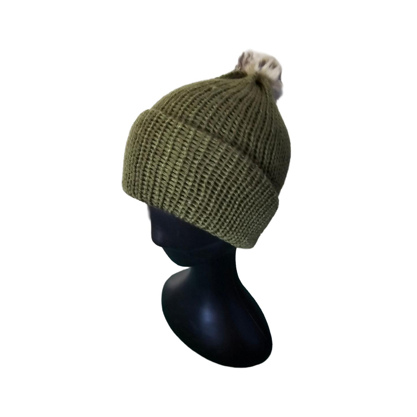 Knitted Beanie with Pom Poms - Olive Side View