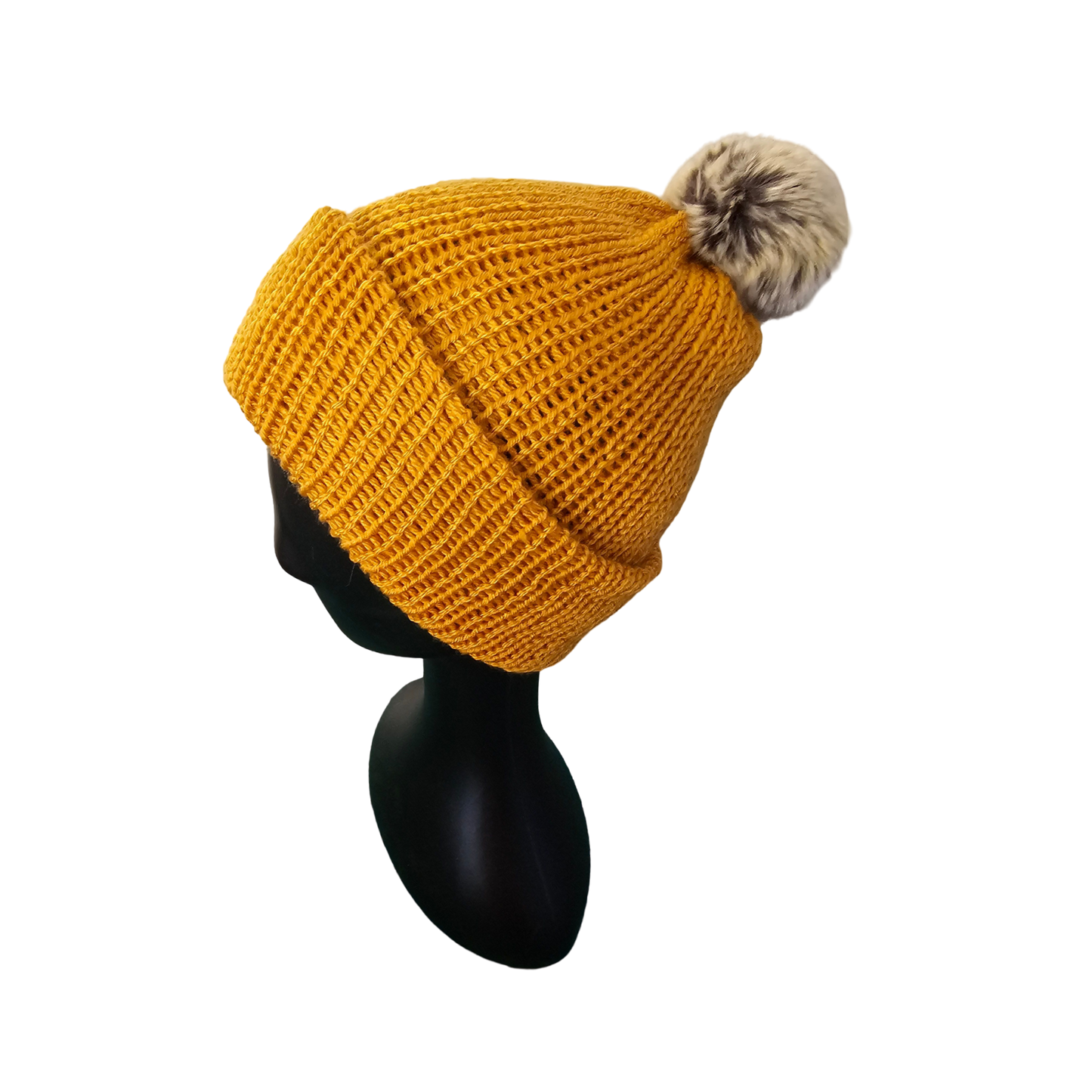 Knitted beanie with Pom Pom - Mustard Side View