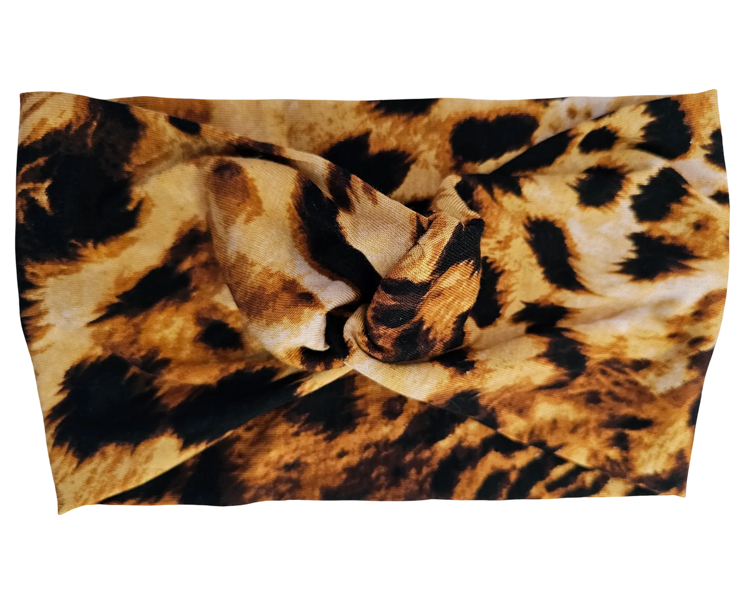 Flat View of leopard print stretch knotted headband
