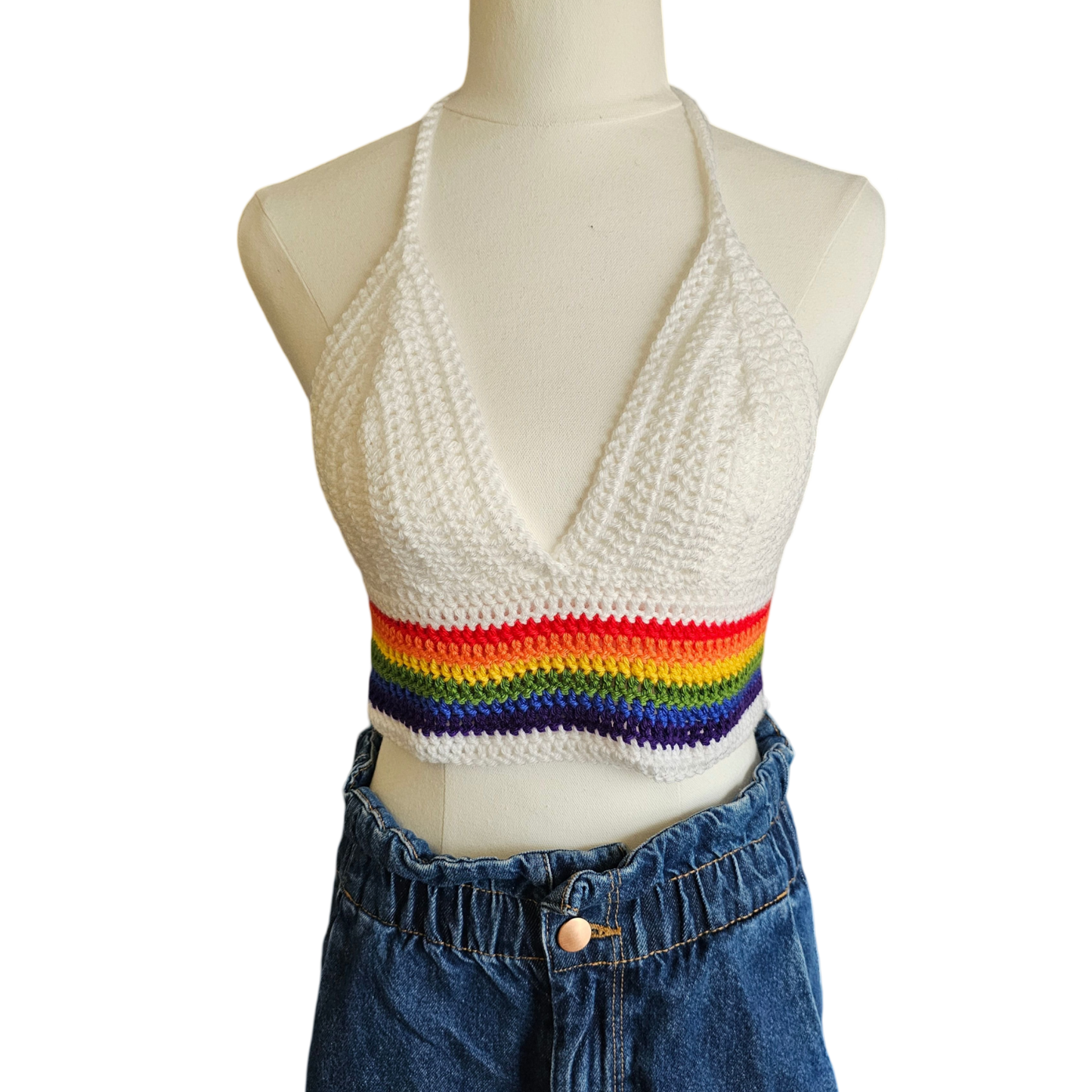 Crochet Top - White/Rainbow Front View