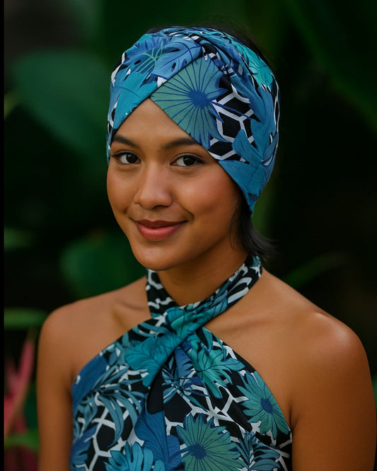 model wearing blue and green leafy knotted headband 