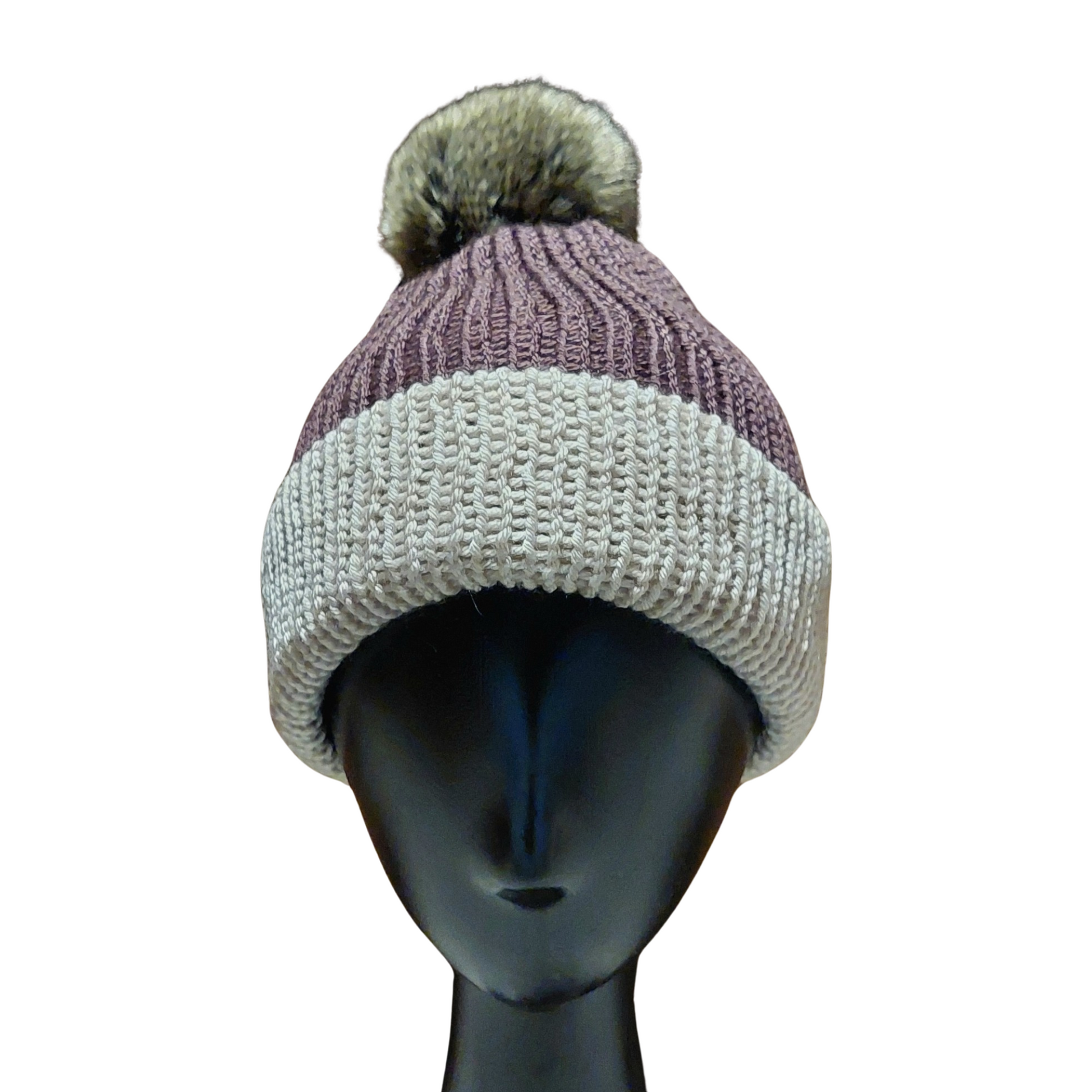 Two Tone Pom Pom Beanie - Grape/Cream Front View