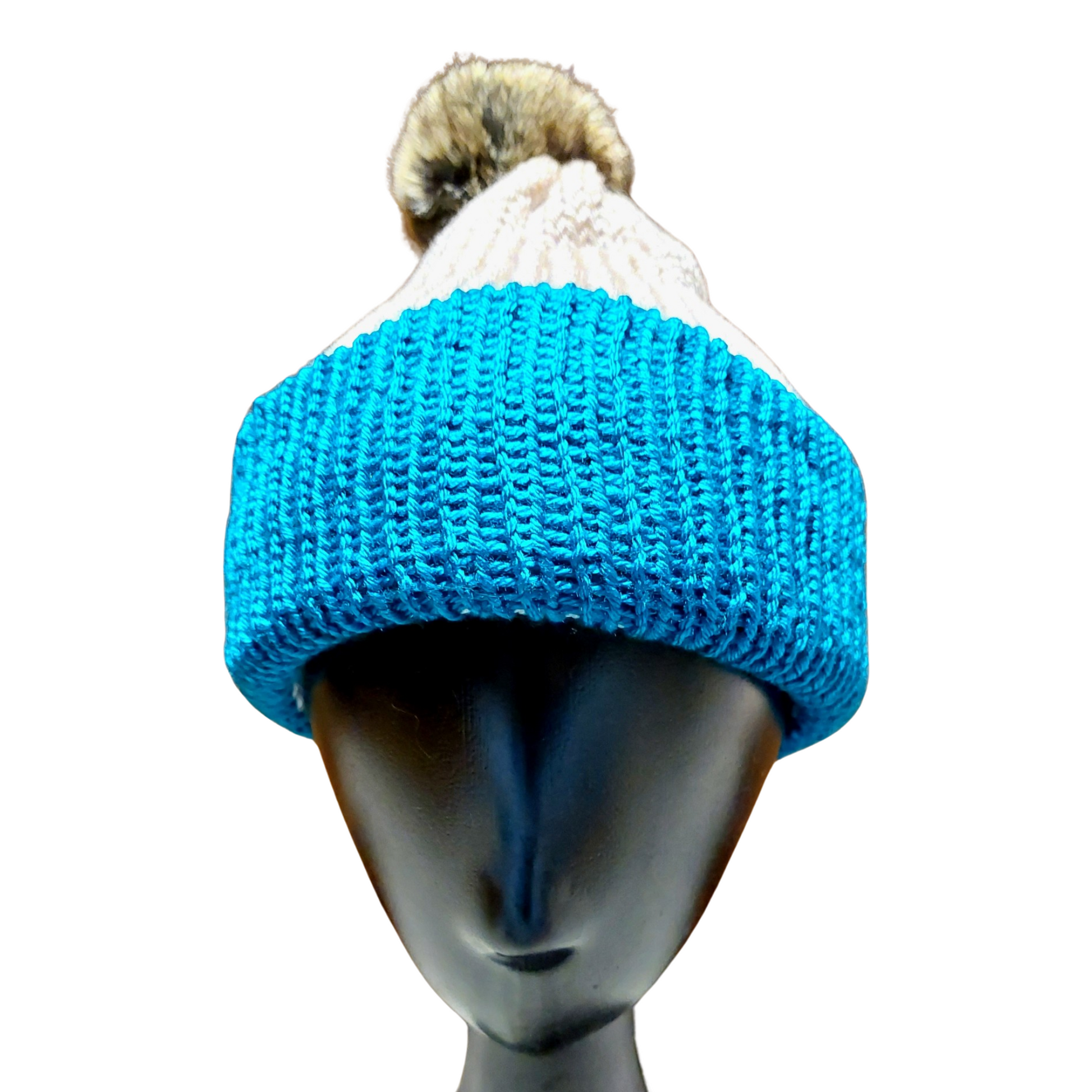 Two Tone Knitted Beanie - Cream/Teal Front View