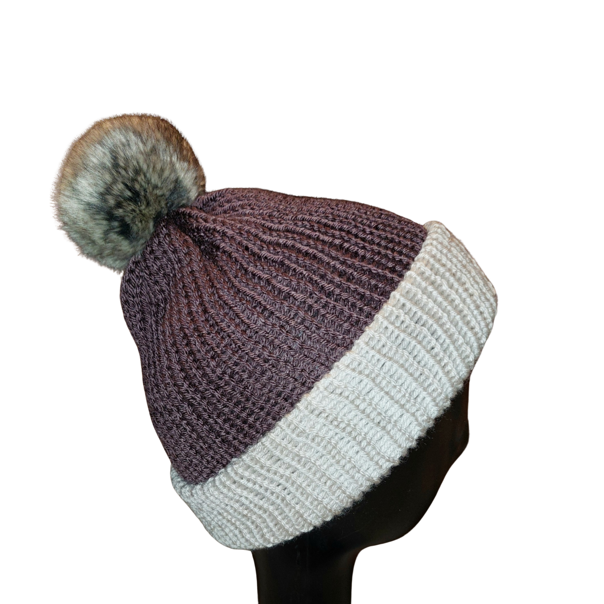 Two Tone Pom Pom Beanie - Grape/Cream Side View