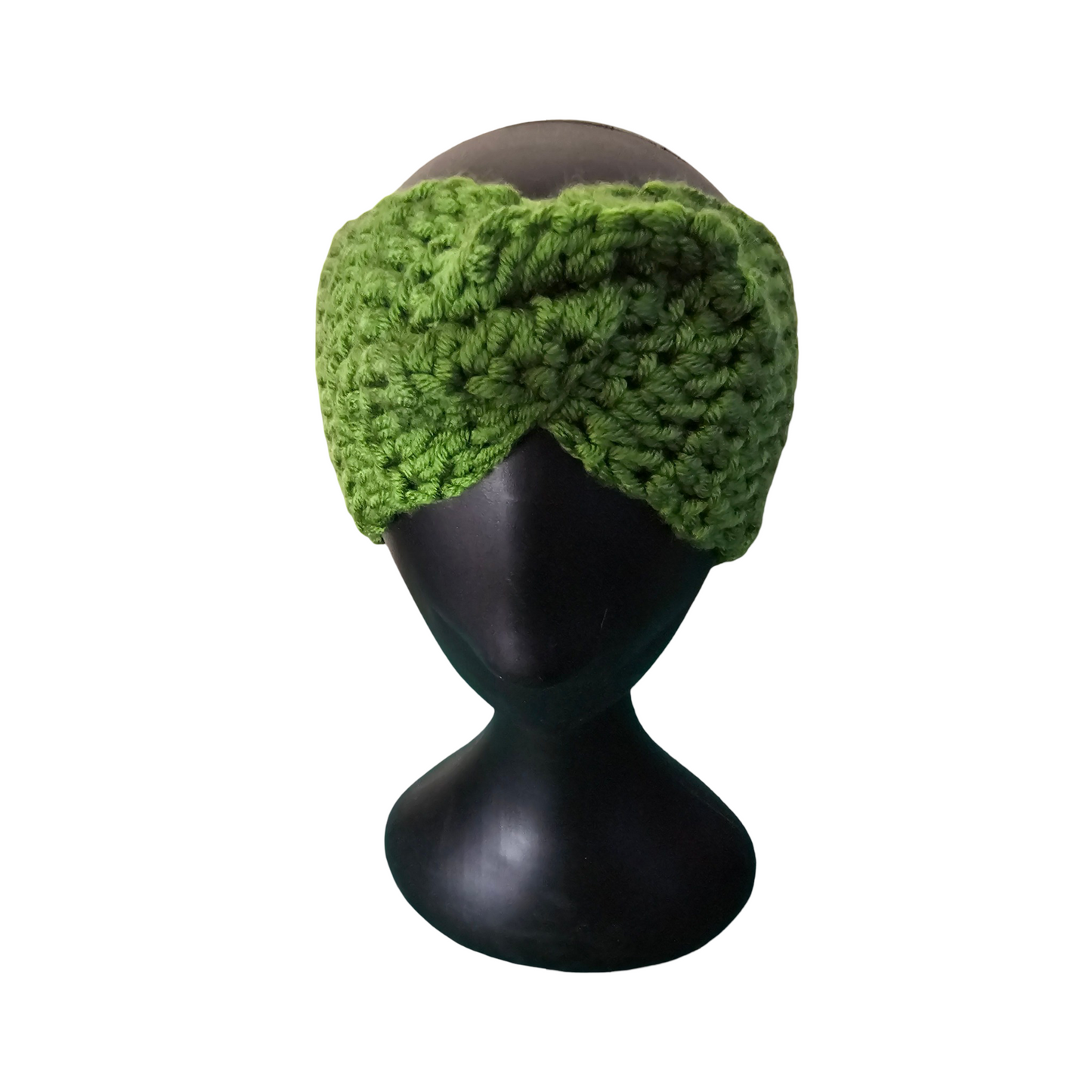Green knitted headband on a black mannequin head against a white background