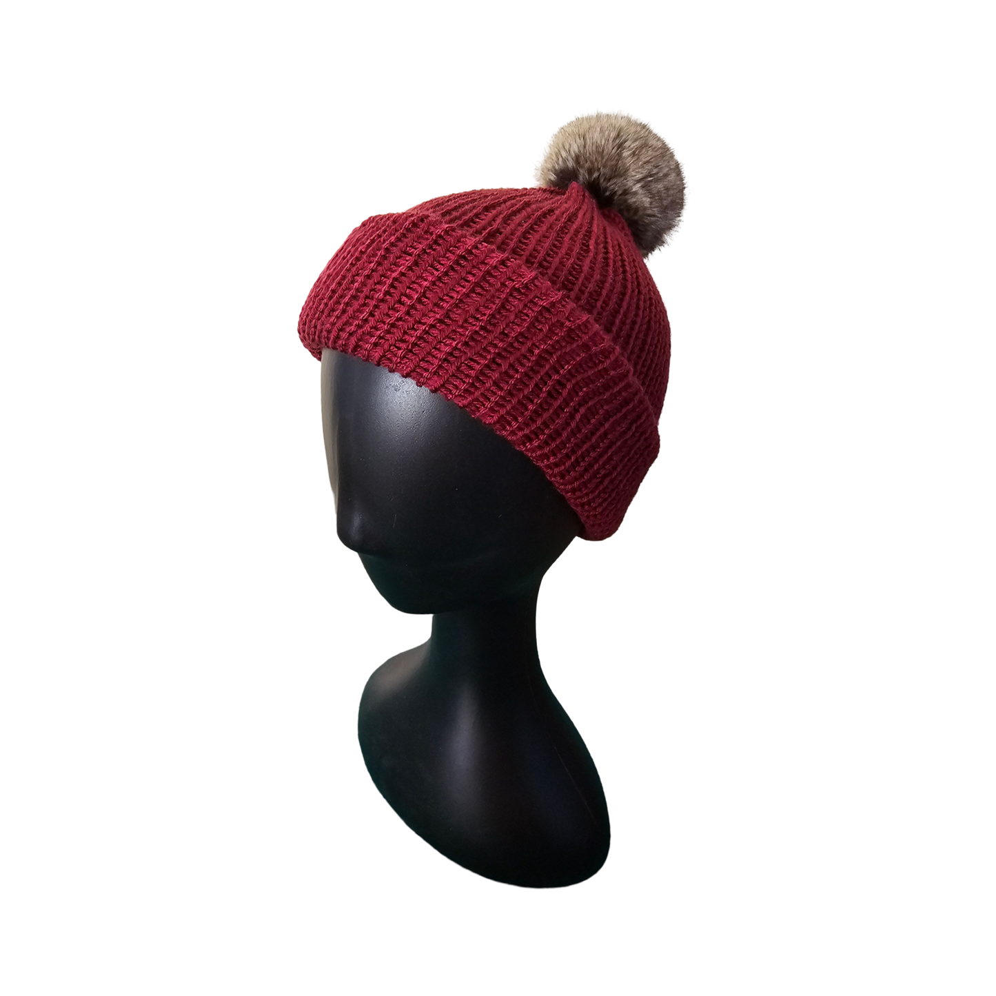 Knitted Beanie with Pom Poms - Burgundy Side View