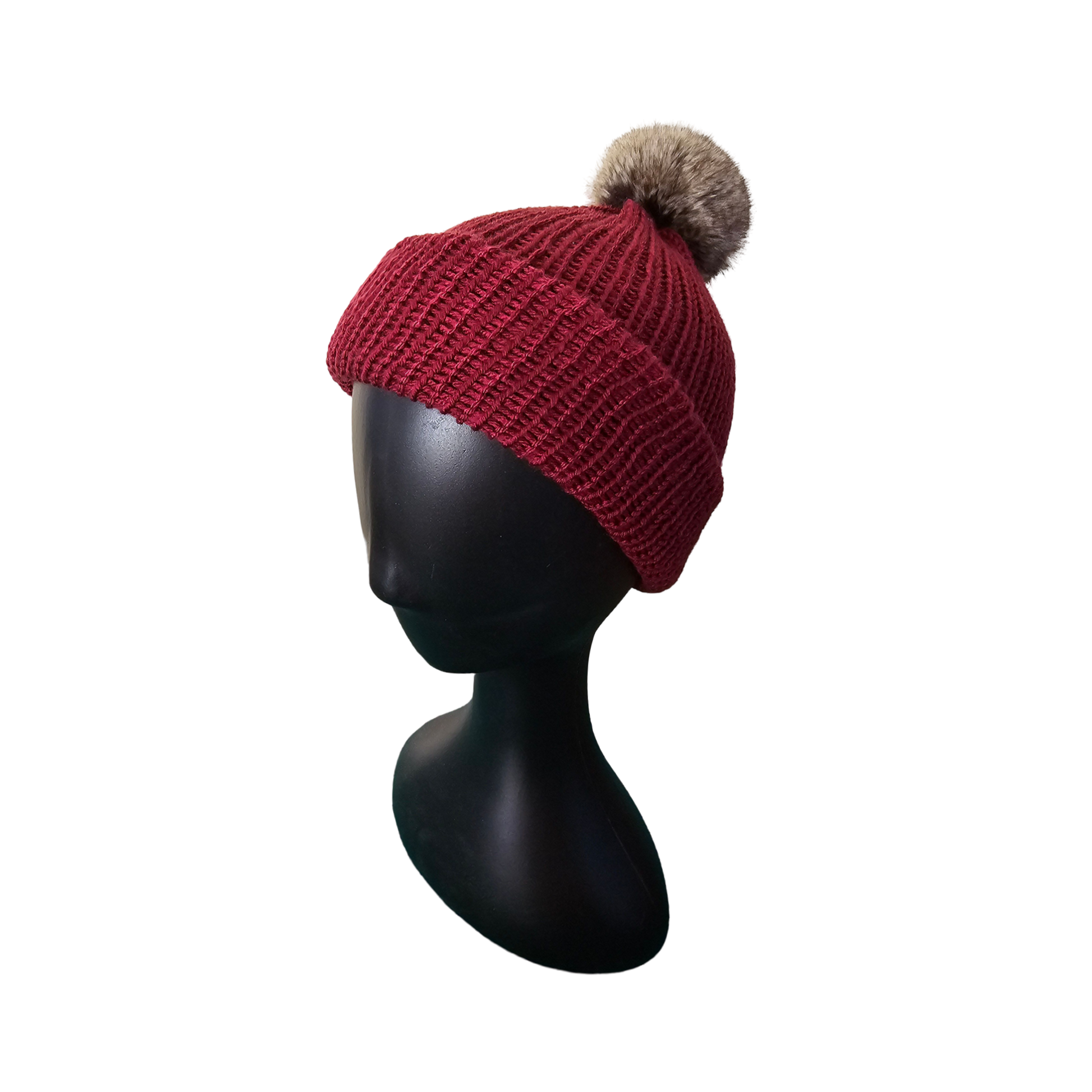 Knitted Beanie with Pom Poms - Burgundy Side View