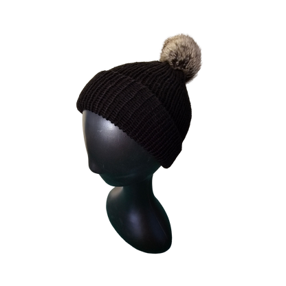 Knitted Beanie with Pom Poms - Black Side View