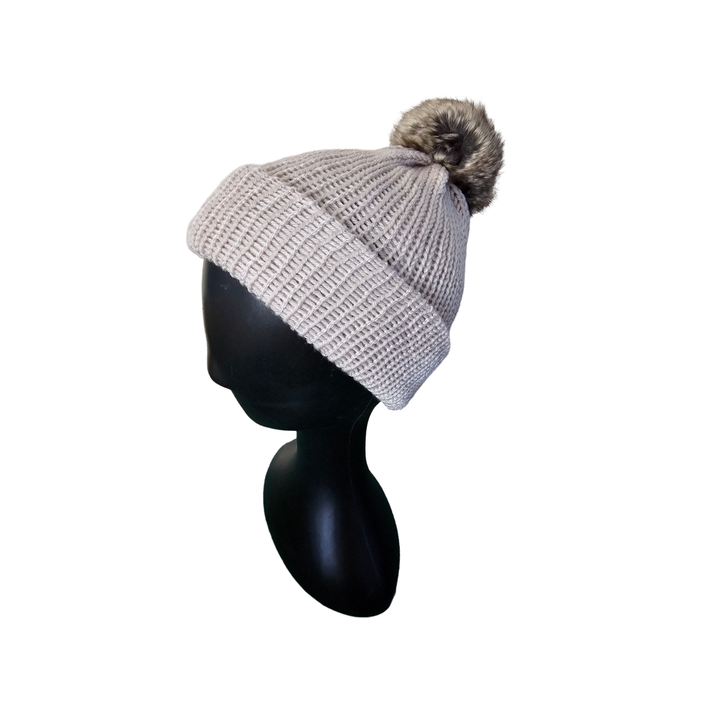 Knitted Beanie with Pom Poms - Ivory Side View