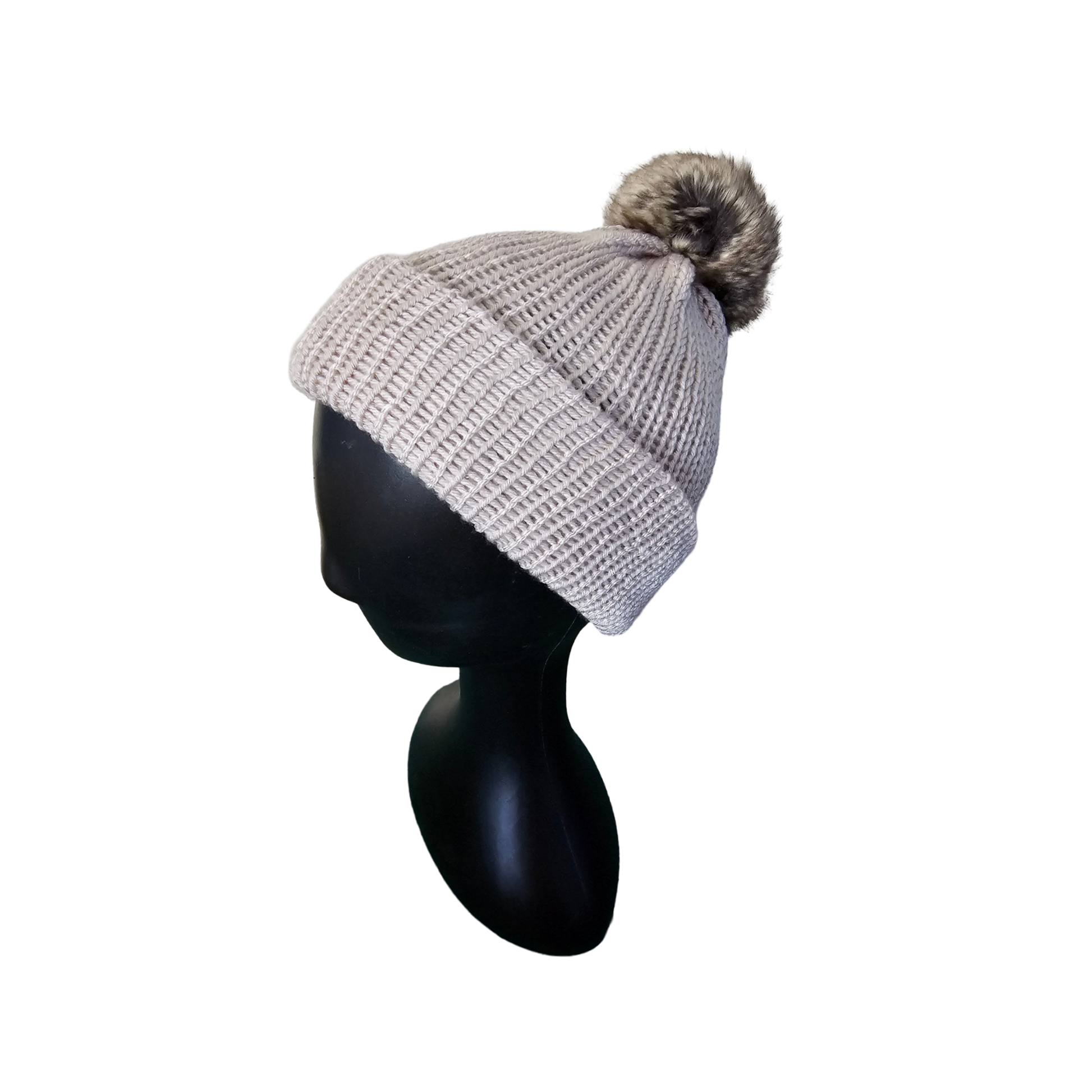 Knitted Beanie with Pom Poms - Ivory Side View