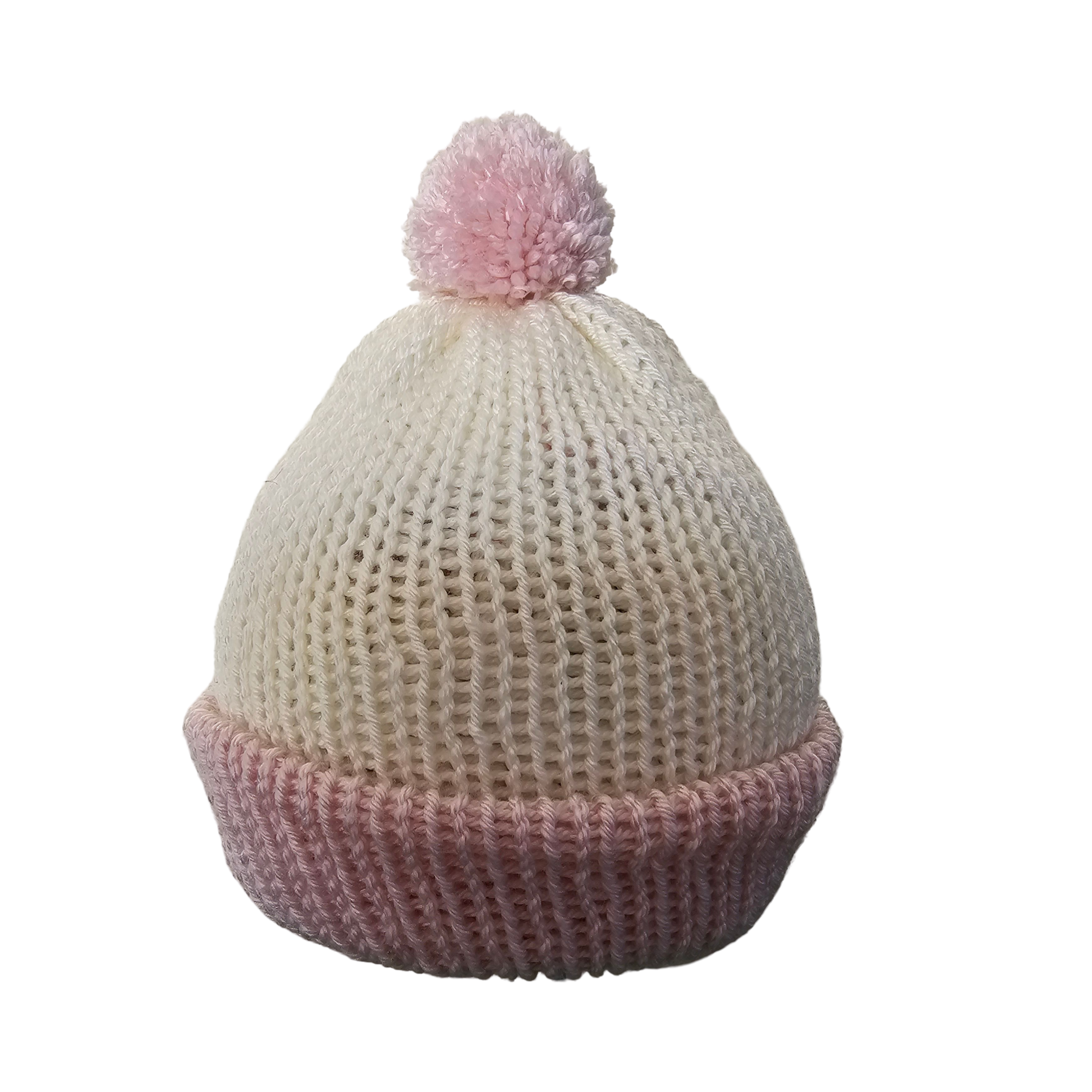 Knitted Pom Pom Beanie - Pink/Cream Two Tone Front View