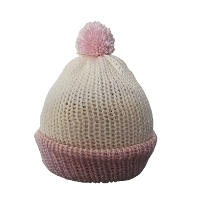 Knitted Pom Pom Beanie - Pink/Cream Two Tone Front View