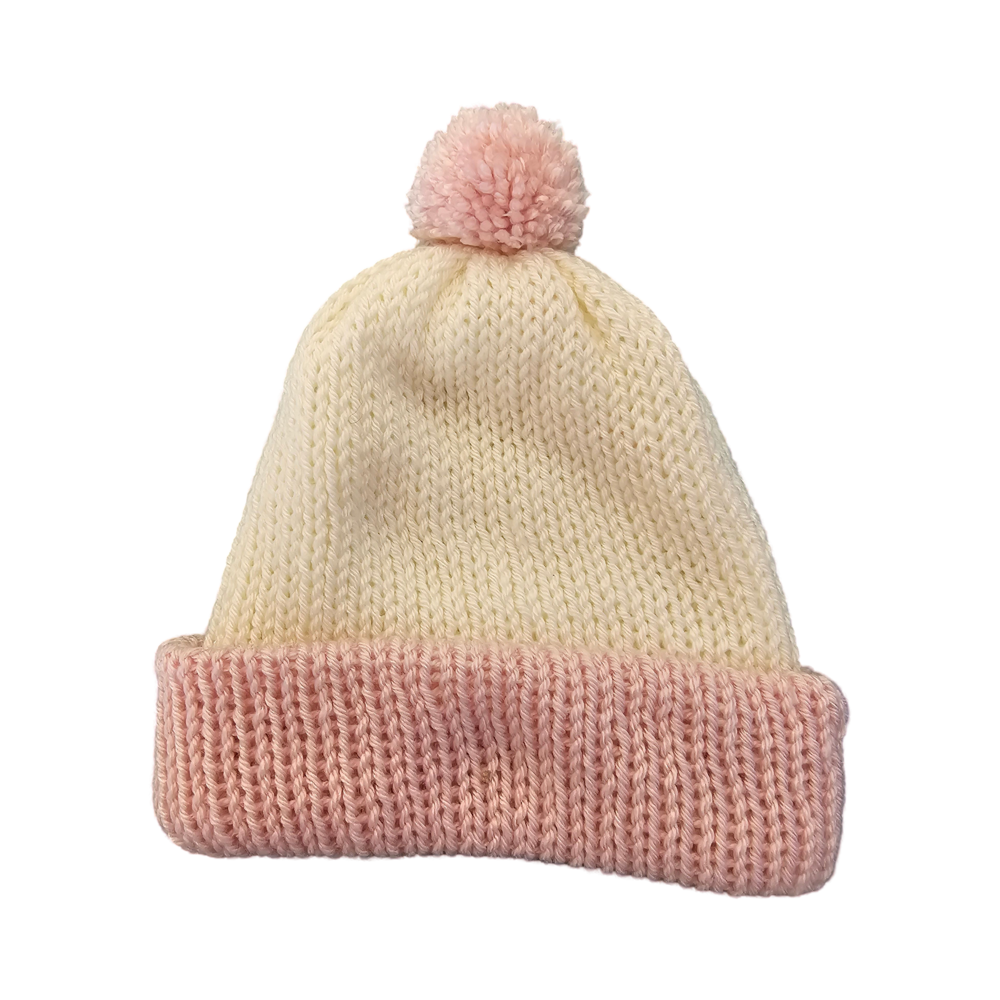 Knitted Pom Pom Beanie - Pink/Cream Two Tone Flat View