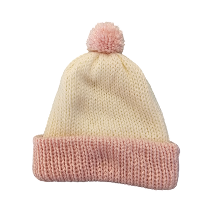 Knitted Pom Pom Beanie - Pink/Cream Two Tone Flat View