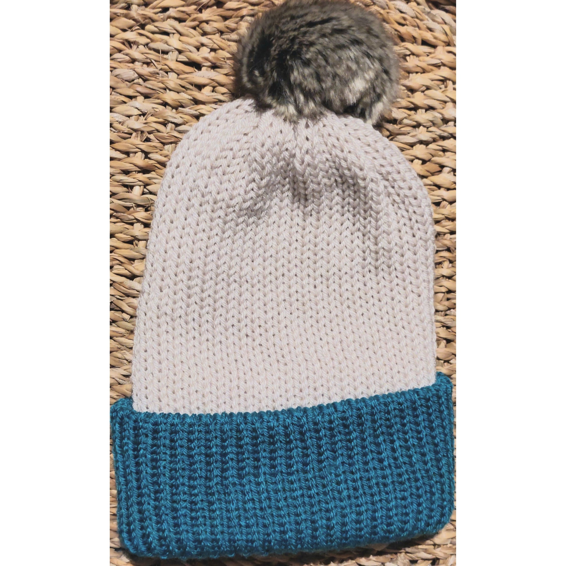 Two Tone Knitted Beanie - Cream/Teal Flat View