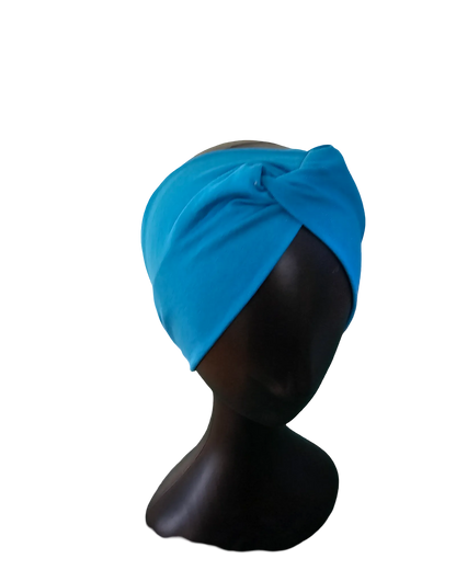 Side view of aqua ladies headband accessory on mannequin