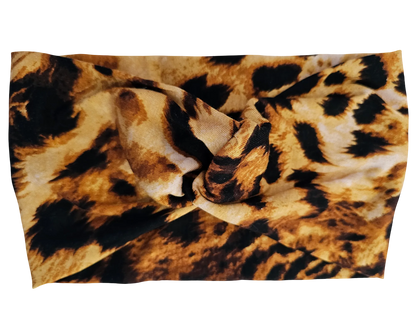 Flat View of leopard print stretch knotted headband