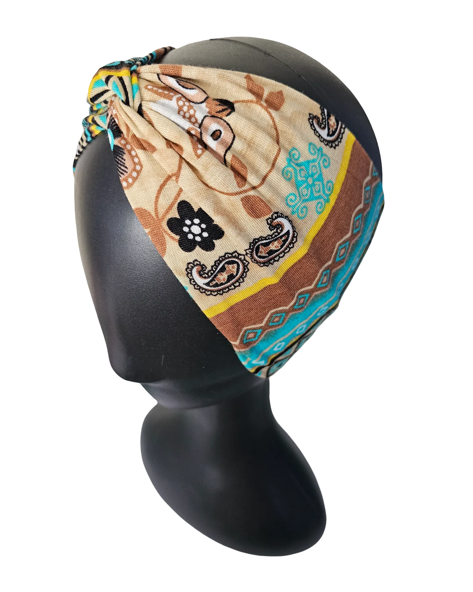 Earth tones knotted headband, top view on mannequin