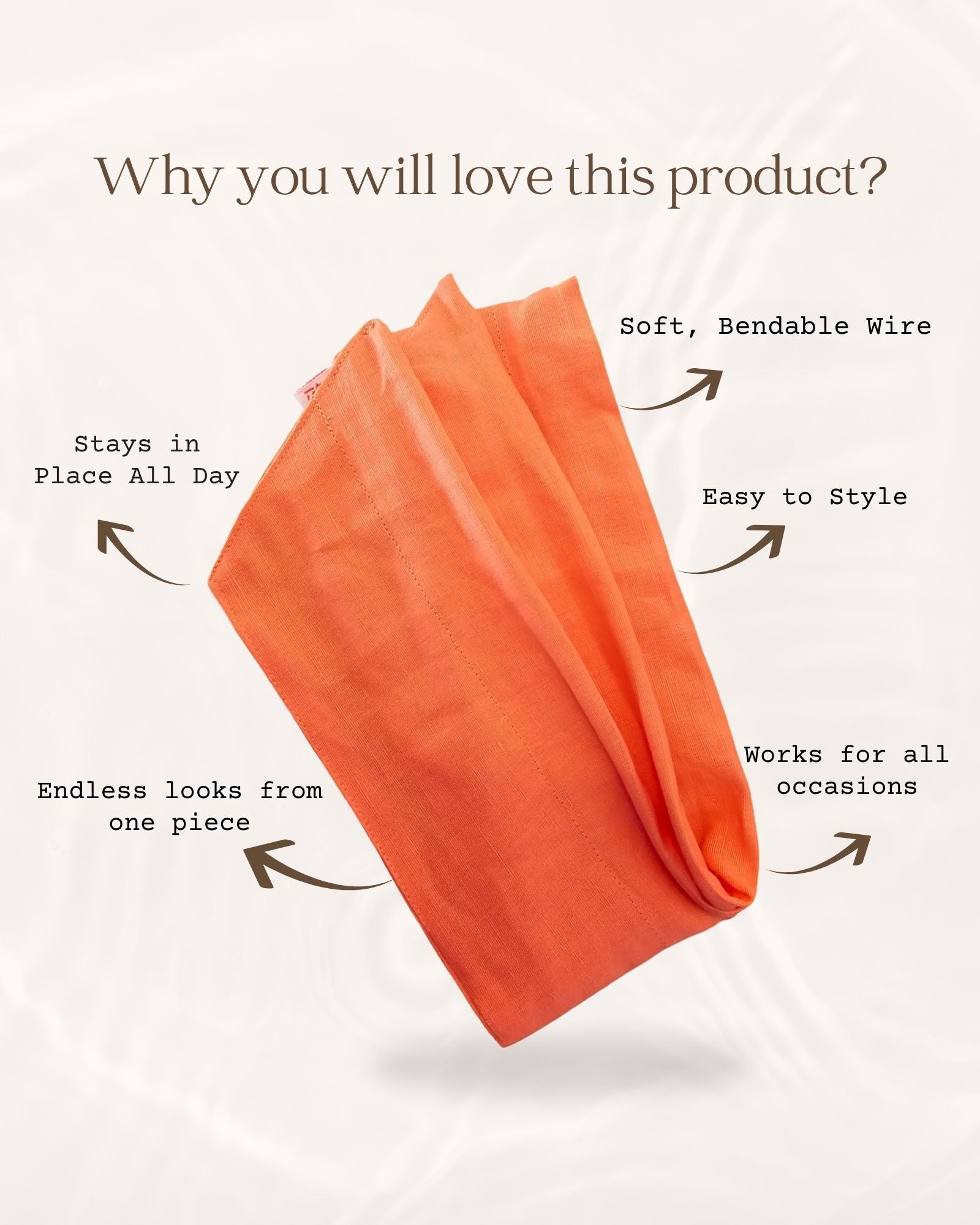 Orange hair tie with features listed on a white background