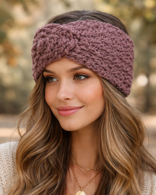 Woman wearing a knitted headband with a blurred natural background