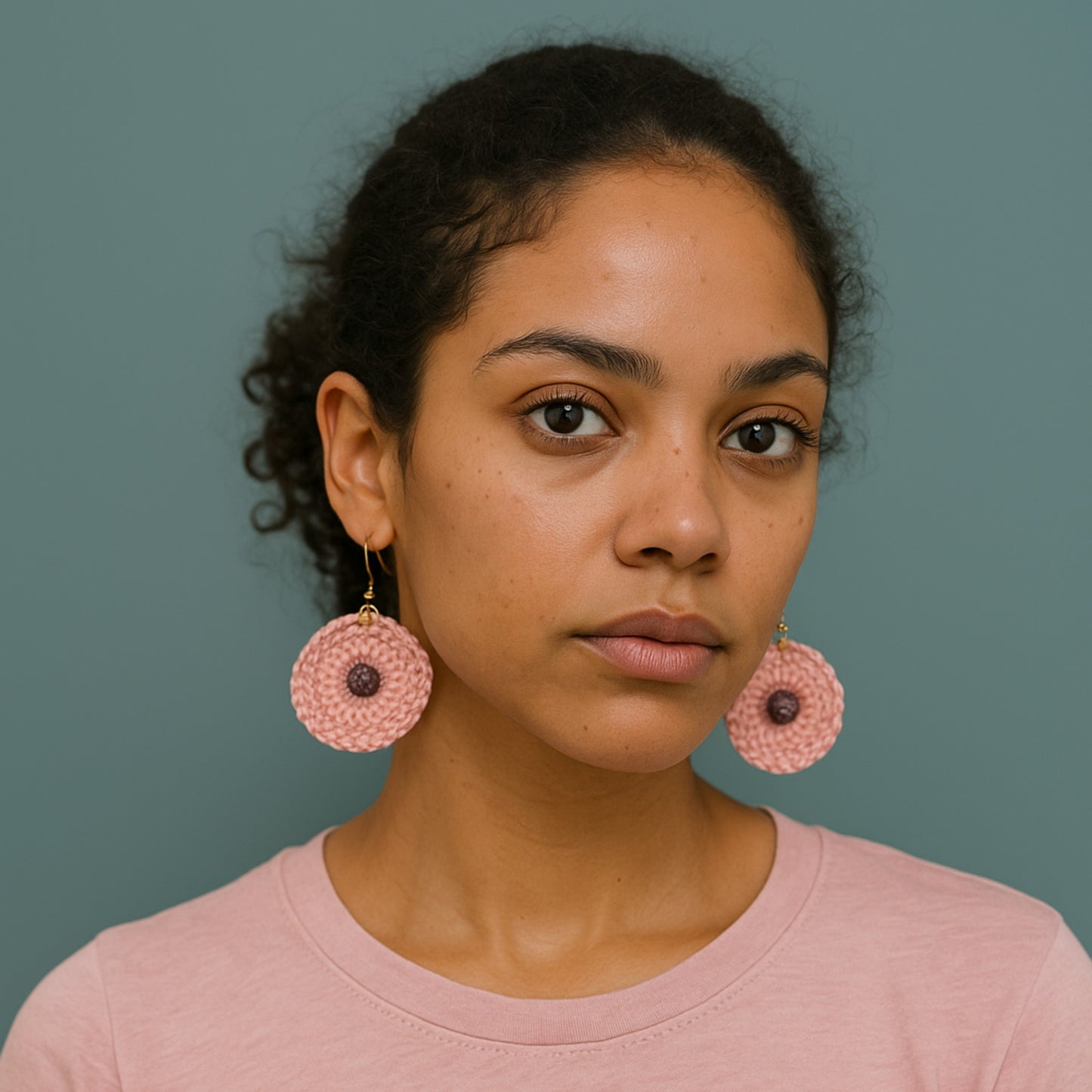 Ladies Crochet earrings - front view on model