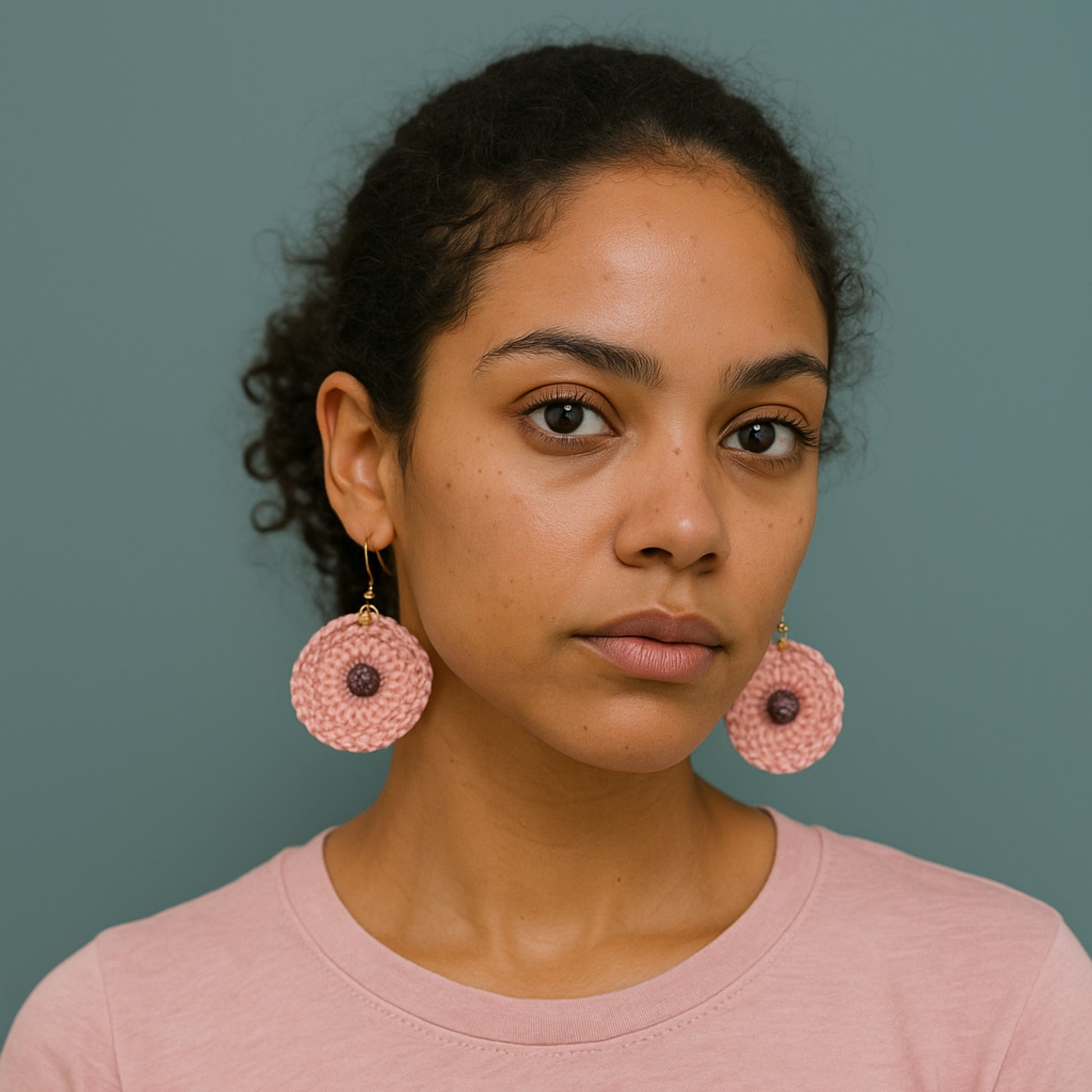 Ladies Crochet earrings - front view on model