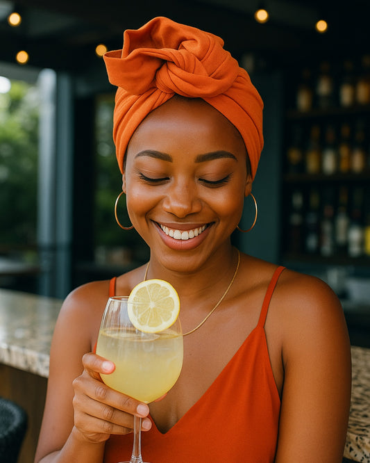 Woman in an orange wire headwrap and dress holding a glass of lemonade with a lemon slice, smiling.