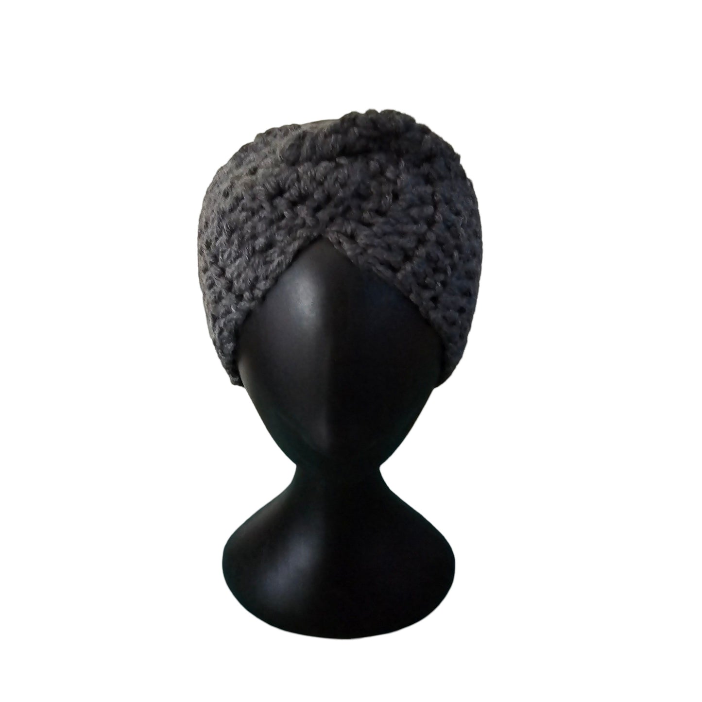 Dark gray knitted headband on a black mannequin head against a white background