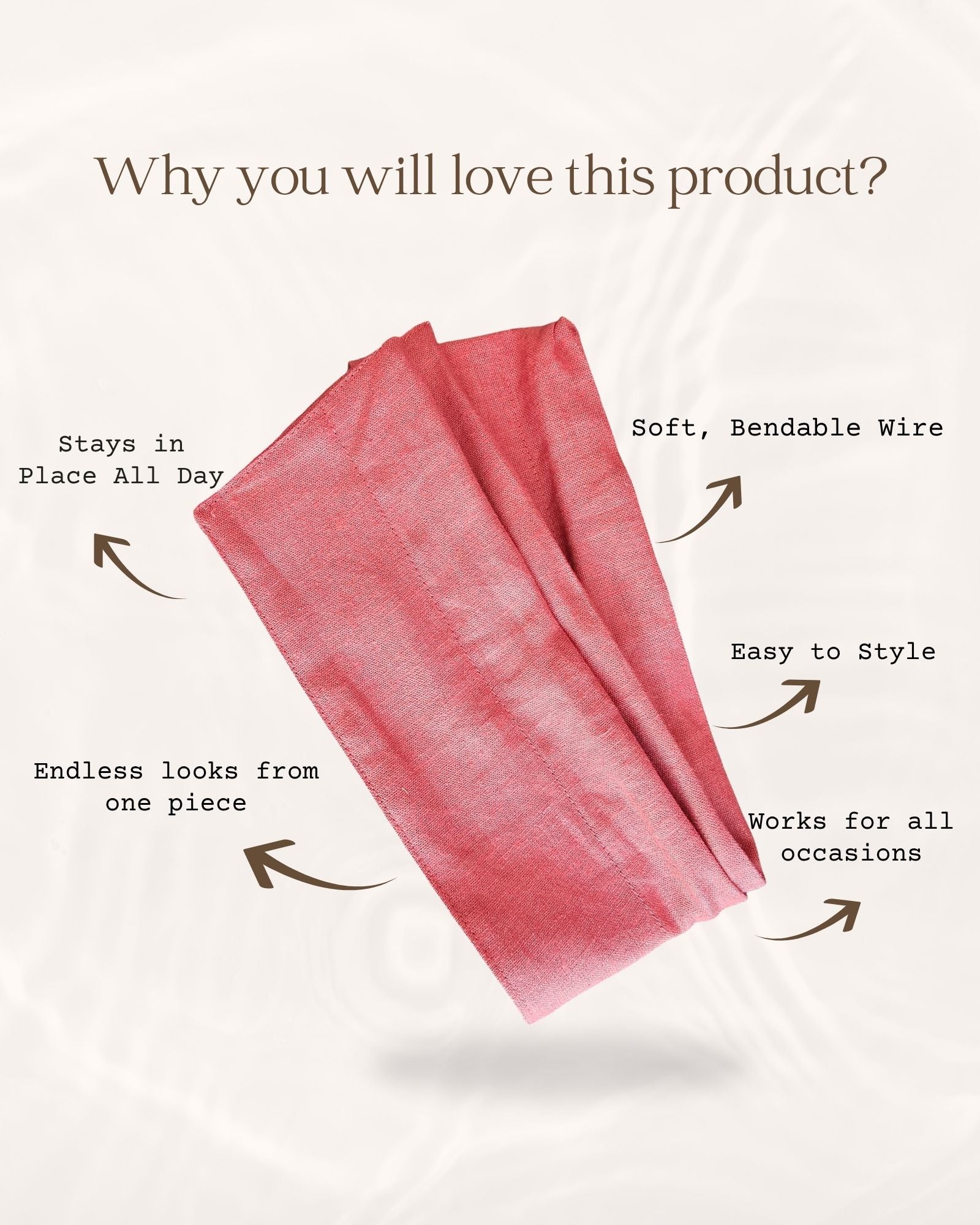 Red hair tie with features listed on a white background
