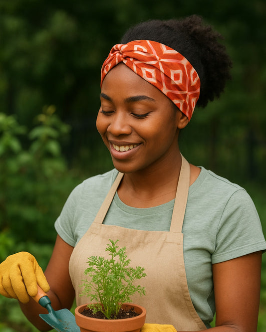Model Gardening wearing stretch headband