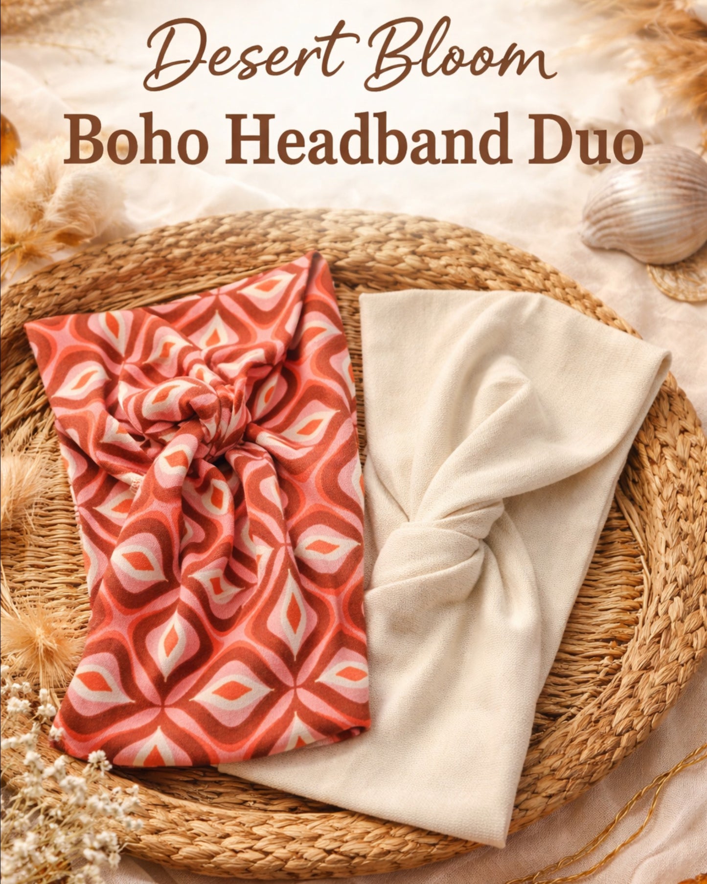 Two boho headbands, one red patterned and one beige, on a woven surface with desert-themed text.