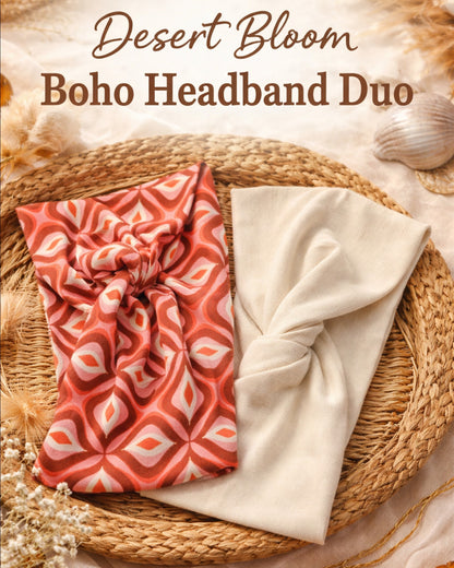 Two boho headbands, one red patterned and one beige, on a woven surface with desert-themed text.