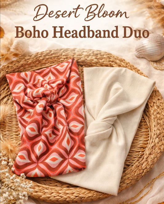 Two boho headbands, one red patterned and one beige, on a woven surface with desert-themed text.