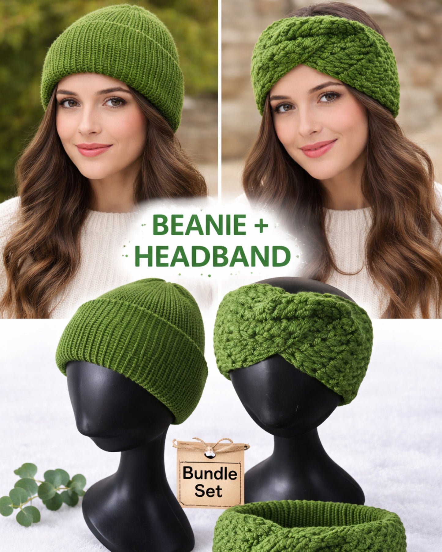 Green knit beanie and headband set with a woman wearing them, displayed on mannequins.