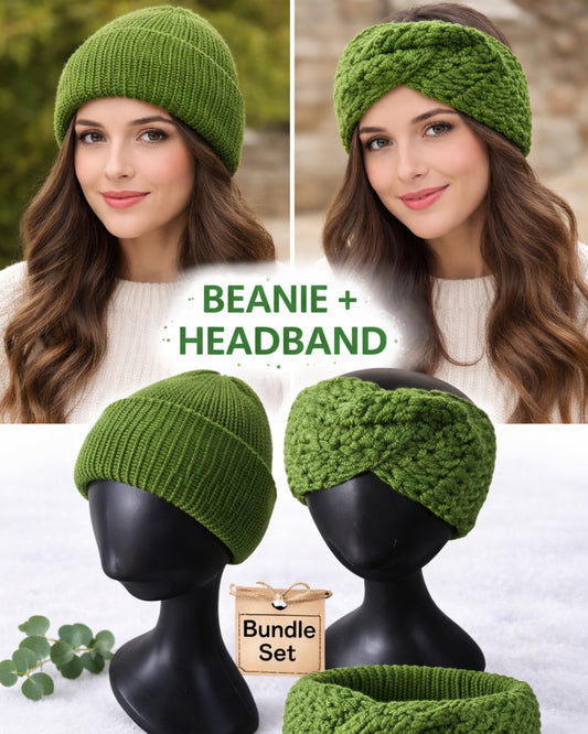 Green knit beanie and headband set with a woman wearing them, displayed on mannequins.