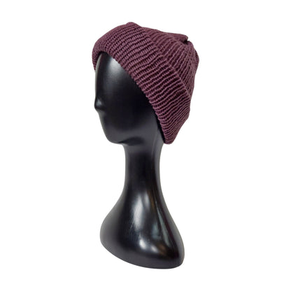 Ladies knitted beanie grape side view