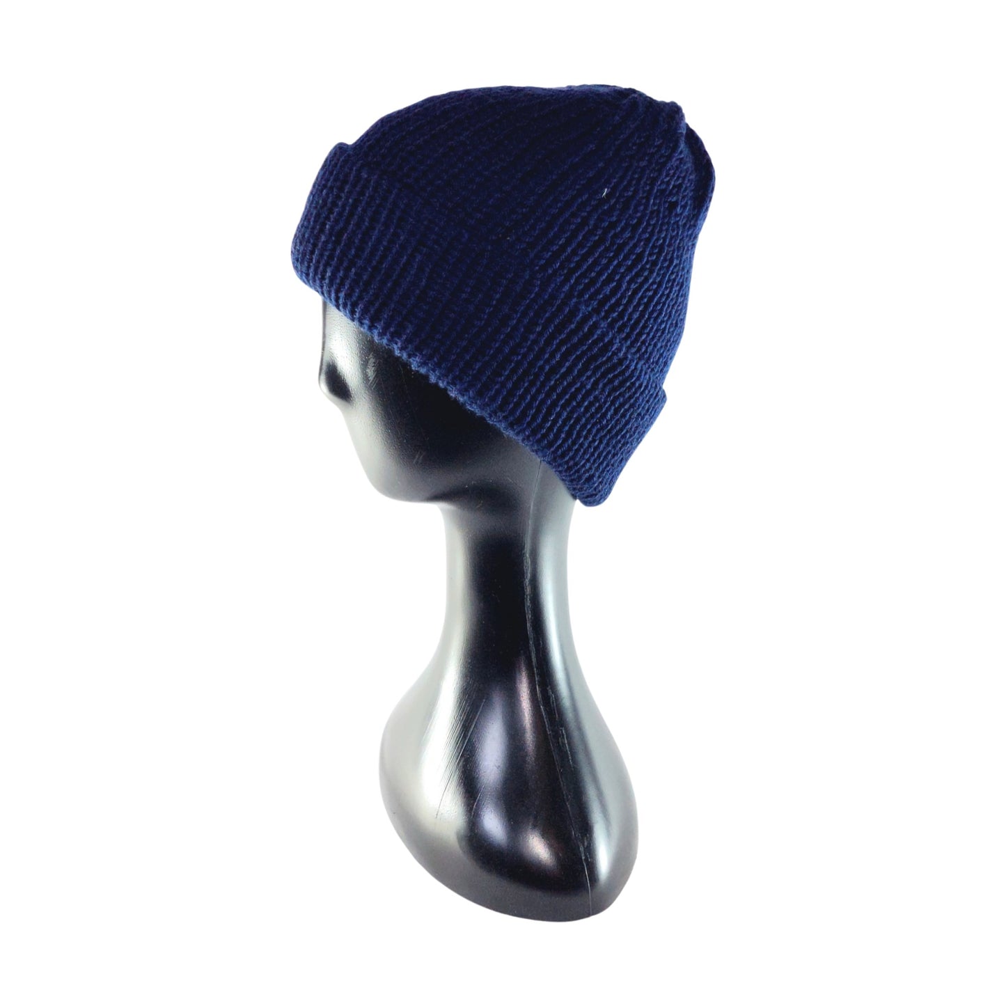 Blue knit beanie on a mannequin head against a white background