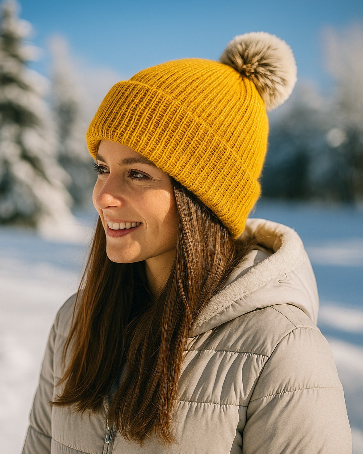 Mustard Pom Pom Beanie - model wearing w winter theme