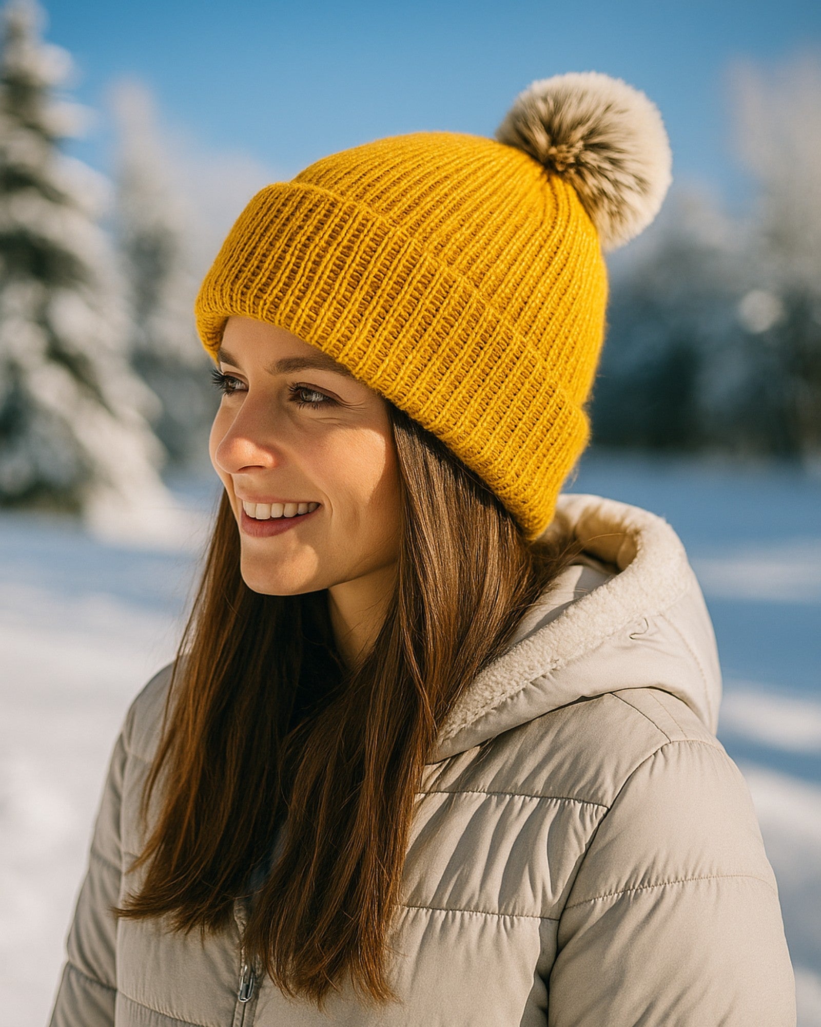 Mustard Pom Pom Beanie - model wearing w winter theme