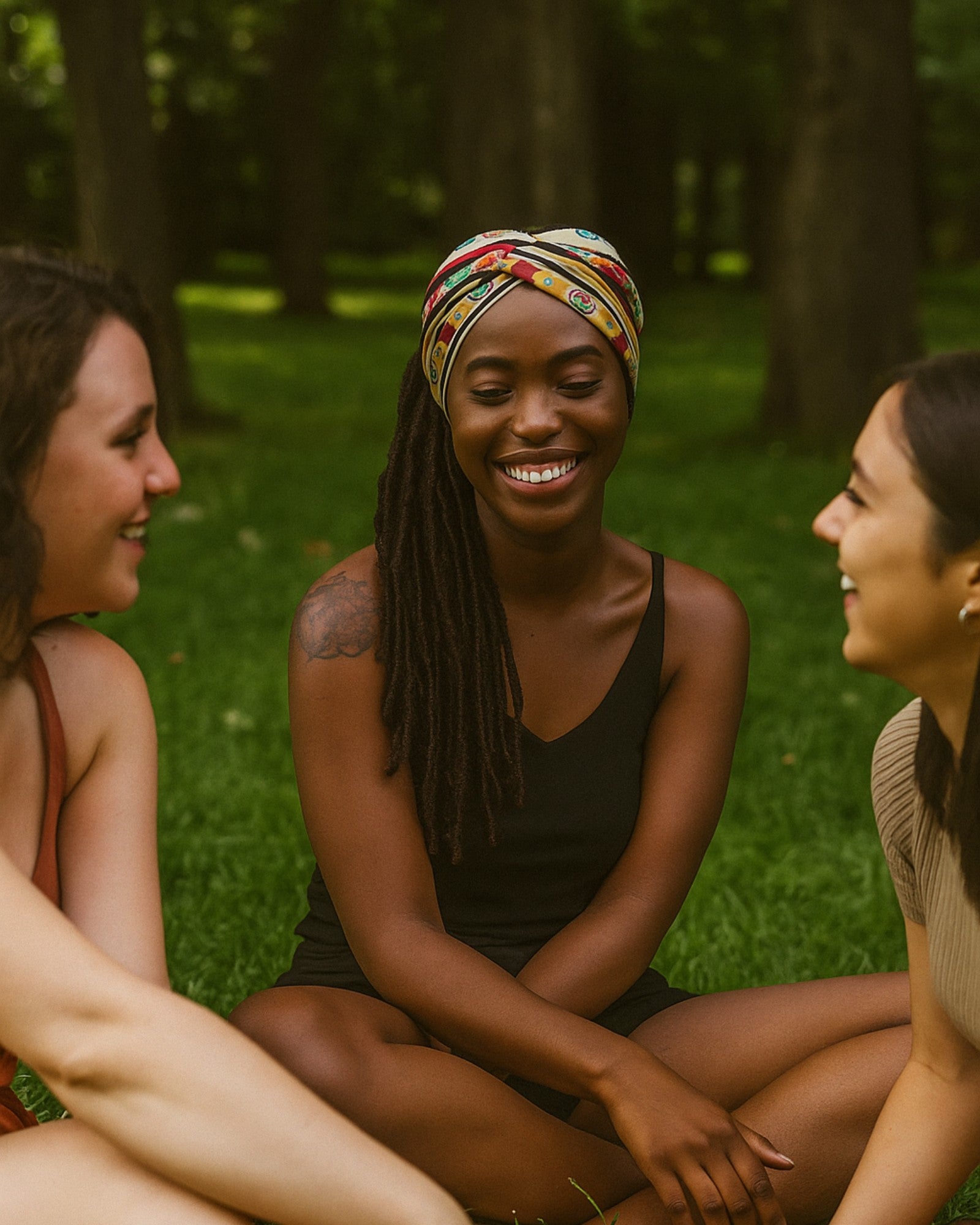 Ladies Hanging out wearing knotted headband in the park