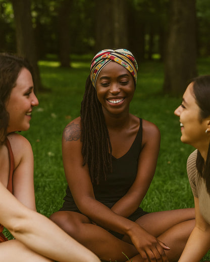 Ladies Hanging out wearing knotted headband in the park