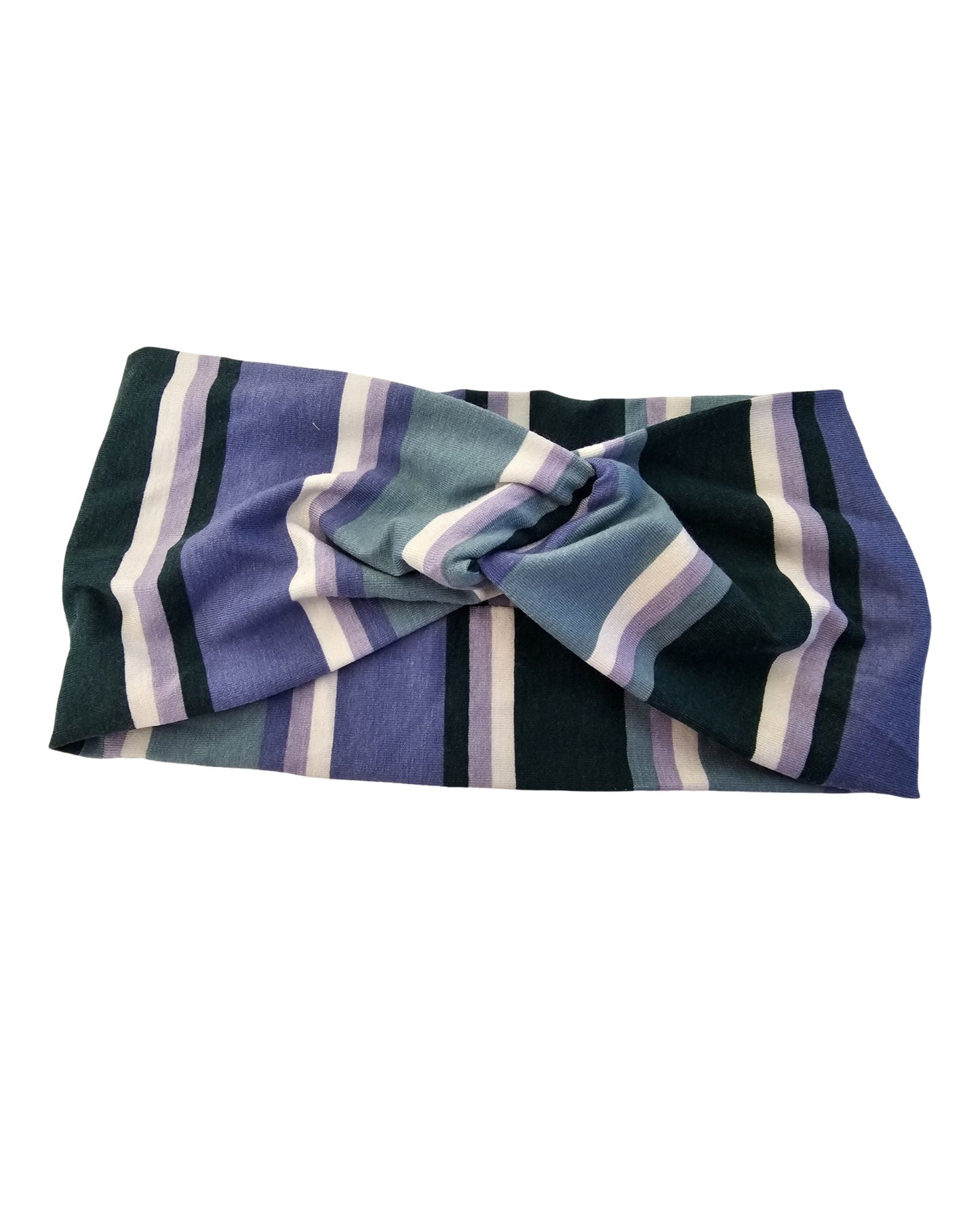 Striped headband with purple, green, and white colors on a white background