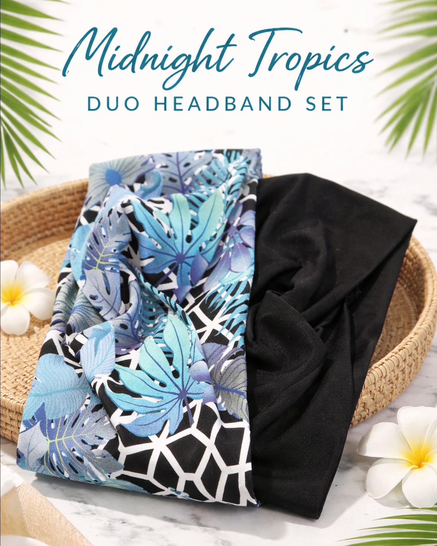 Midnight Tropics duo headband set with tropical leaf patterns on a white background.