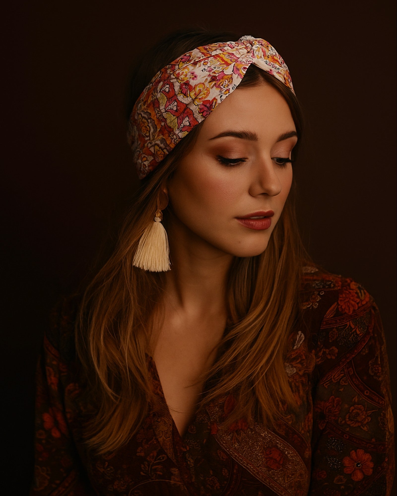 Colourful Stretch Knotted headband on Models head
