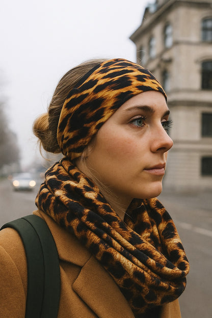 Model wearing animal print stretch headband