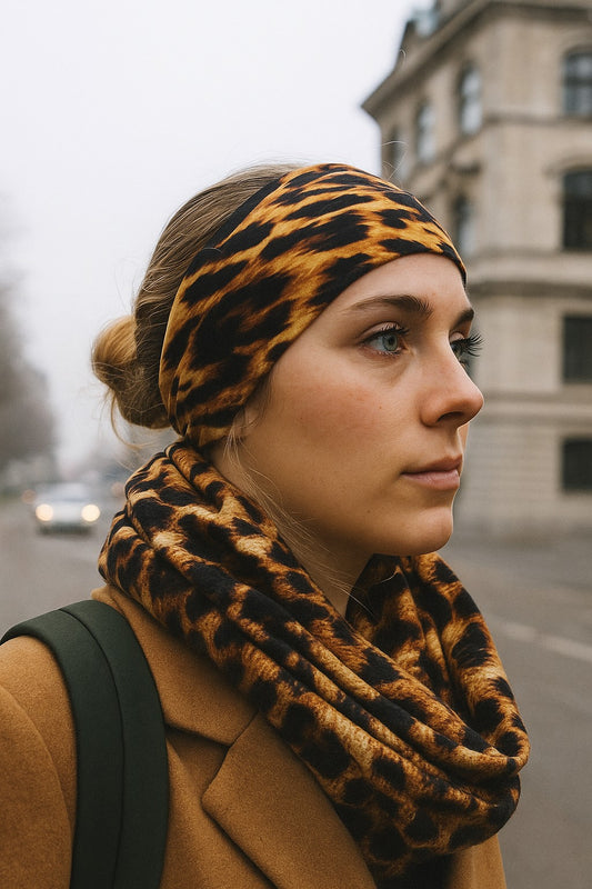 Model wearing animal print stretch headband